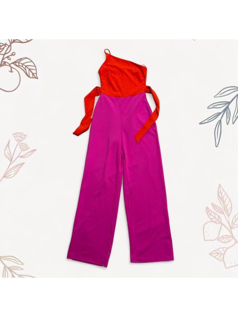Crystal Sky Pink and orange jumpsuit with tie detail and zipper closure